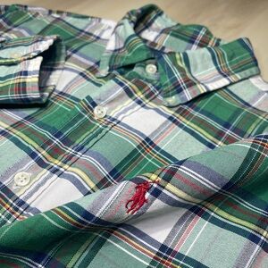 Polo Ralph Lauren Green Plaid Custom Fit Button Down Shirt Red Logo Sz Med